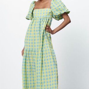 Zara Green and Yellow Puff Sleeve Maxi Dress